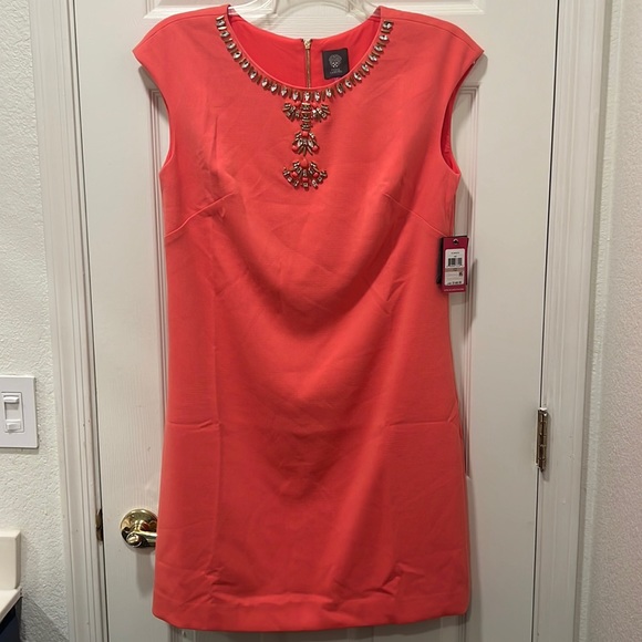 Vince Camuto NWT Cap Sleeve Orange Coral Dress w/ Rhinestones- Size 12 - Picture 1 of 7